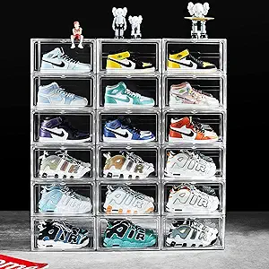Photo 1 of 12 Pack Shoe Boxes, Clear Acrylic Stackable Plastic Sneaker Box Container, Magnetic Side Open Shoe Organizer Case For Man and Women (Transparency-12Pack-Side