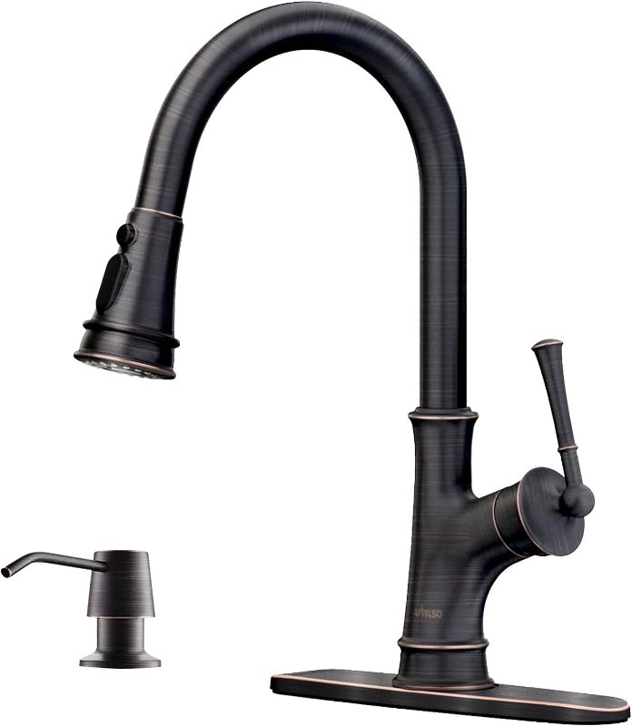 Photo 1 of 
APPASO Oil Rubbed Bronze Kitchen Faucet, Solid Brass Kitchen Faucet with Soap Dispenser Bronze, High Arch Single Handle Kitchen Sink Faucet with Pull Down Sprayer, Optional Deck Plate