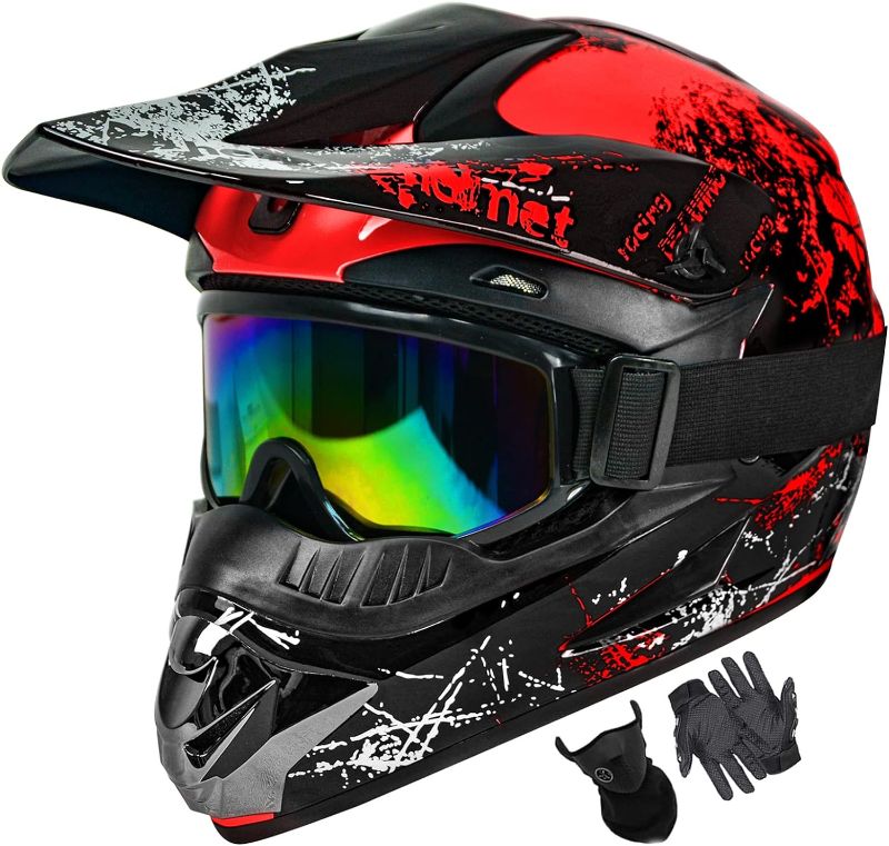 Photo 1 of  Bike Helmets Youth Motocross Helmet Fashion Adult Motorcycle Helmet Off-Road Moutain Bike Helmet DOT Approved 4Pcs Set
Style:Red