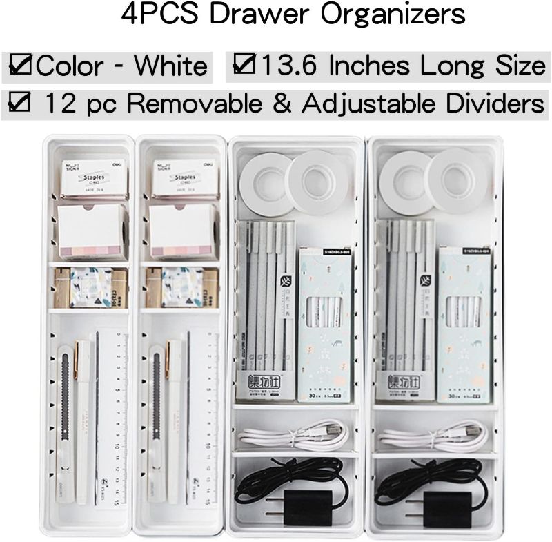 Photo 1 of Adjustable Drawer Organizers, 4PCS Long Drawer Divider Boxes, Drawer Organizer Kitchen Utensils with Adjustable Sections, Clear Drawer Dividers for Makeup, Utensil, Pens, Flatware and Junks (White)