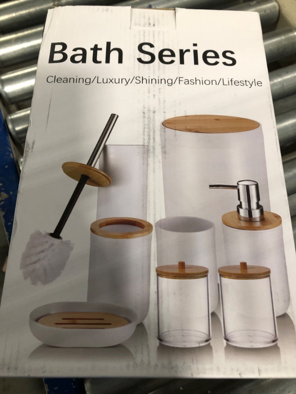 Photo 1 of *** FOR PARTS ***iMucci 8Pcs Grey Bathroom Accessories Set - with Trash Can Toothbrush Holder Soap Dispenser Soap and Lotion Set Tumbler Cup (Grey Bamboo Cover) Grey2