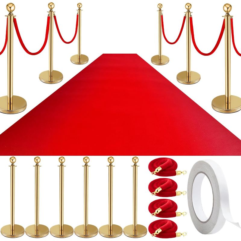 Photo 1 of 12 Pcs Stanchion Posts Queue Crowd Control Stanchion Velvet Ropes Carpet Set, 6 Pcs 38 Inch Stanchion Post Sand Injection Hollow Base 4 Pcs Rope 1Pc 2.6 x 26ft Carpet for Party Museum (Gold