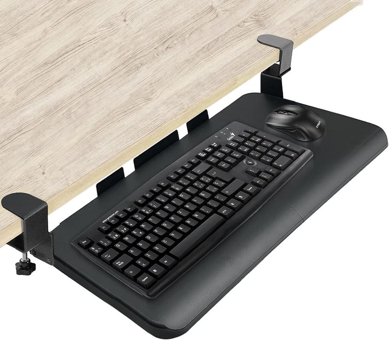 Photo 1 of SONMINDRC Keyboard Tray Under Desk?Sturdy C Clamp Mount System,26.3" x 11" Slide-Out Computer Keyboard Drawer?Fits Full Size Keyboard and Mouse,for Home or Office|for Desks Up to 1.5",Black