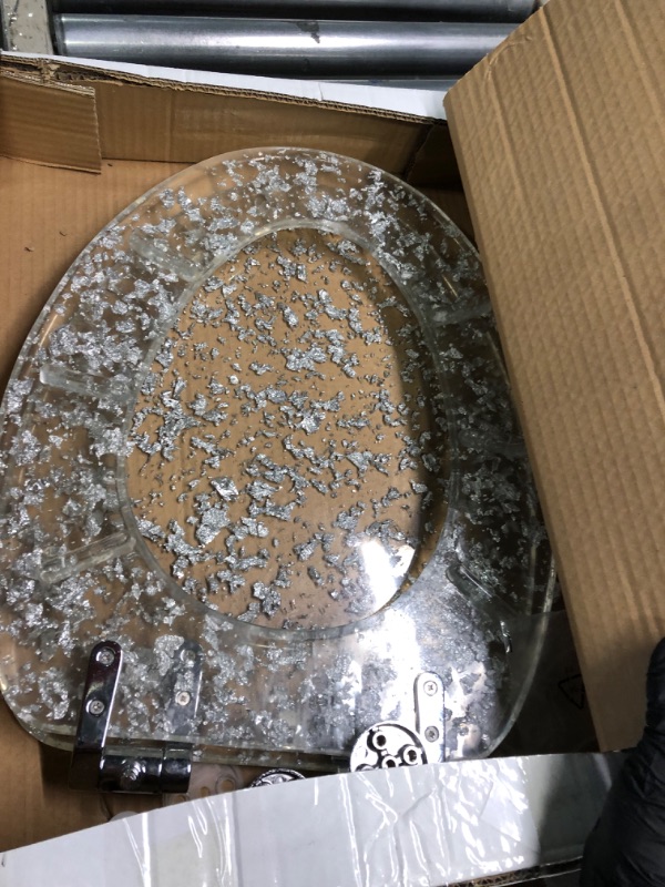 Photo 2 of ** USED ** Resin Toilet Seat Elongated Soft Close Quick Release Heavy Duty Toilet Seats with Glitter Cover Acrylic Seats Silver Foil 19 Inch Elongated-19" Silver Foil