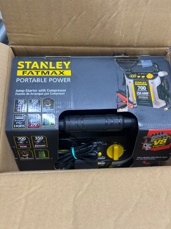 Photo 3 of STANLEY FATMAX J7CS Portable Power Station Jump Starter: 700 Peak/350 Instant Amps, 120 PSI Air Compressor, 3.1A USB Ports, Battery Clamps