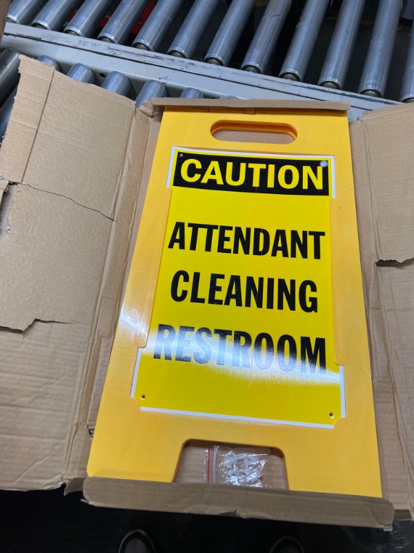 Photo 3 of SmartSign 25 x 12 inch “Caution - Attendant Cleaning Restroom” Two-Sided Folding Floor Sign with Falling Symbol, Portable and Lightweight A-Frame, Easy Grip Handle, Plastic, Black and Yellow