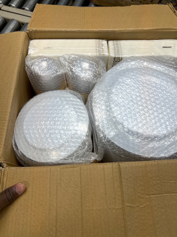 Photo 1 of 700 Piece Gold Dinnerware Set for 100 Guests, Plastic Plates Disposable for Party, Include: 100 Gold Rim Dinner Plates, 100 Dessert Plates, 100 Paper Napkins, 100 Cups, 100 Gold Plastic Silverware Set