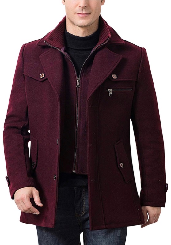 Photo 1 of Flygo Men's Wool Pea Coat Layered Collar Quilted Lined Single Breasted Peacoat Jacket