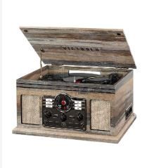 Photo 1 of Victrola Nostalgic 6-in-1 Bluetooth Record Player & Multimedia Center & Cassette Player, AM/FM Radio | Wireless Music Streaming | Farmhouse Shiplap Grey & Wooden Record Crate, Wood Color Farmhouse Shiplap Grey Entertainment Center + Record