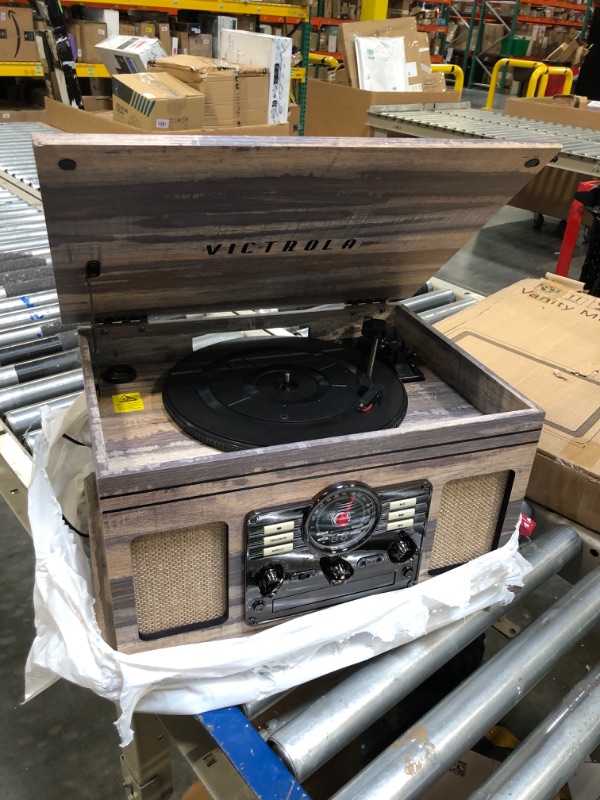 Photo 1 of Victrola Nostalgic 6-in-1 Bluetooth Record Player & Multimedia Center & Cassette Player, AM/FM Radio | Wireless Music Streaming | Farmhouse Shiplap Grey & Wooden Record Crate, Wood Color Farmhouse Shiplap Grey Entertainment Center + Record