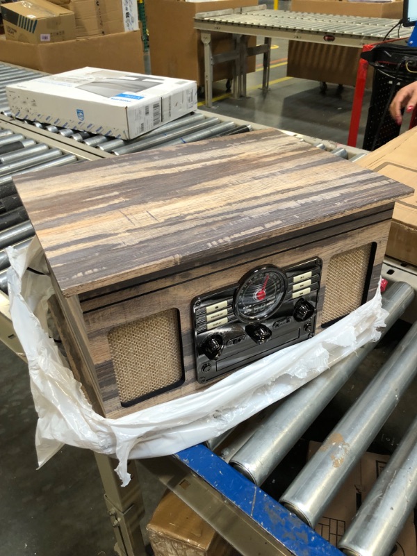 Photo 1 of Victrola Nostalgic 6-in-1 Bluetooth Record Player & Multimedia Center & Cassette Player, AM/FM Radio | Wireless Music Streaming | Farmhouse Shiplap Grey & Wooden Record Crate, Wood Color Farmhouse Shiplap Grey Entertainment Center + Record