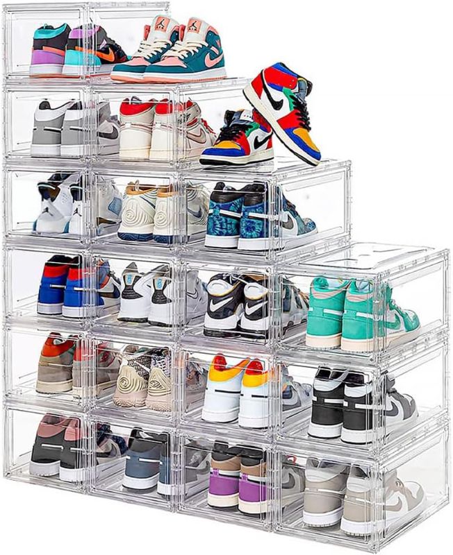 Photo 1 of 12 Pack Acrylic Clear Shoe Boxes– Ultra Clear Plastic Stackable Sneaker Storage For Sneakerhead. Professional Grade Shoe Display Case with Magnetic Door .Boots and Hat Organizer.Fits US Size 15