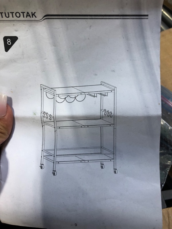 Photo 2 of YATINEY Bar Cart, 3-Tier Serving Cart, Kitchen Cart with Wine Rack and Cup Holders, Beverage Cart, Mobile Microwave Cart with 6 Hooks, for Kitchen, Living Room, BC02BR-BC02DW