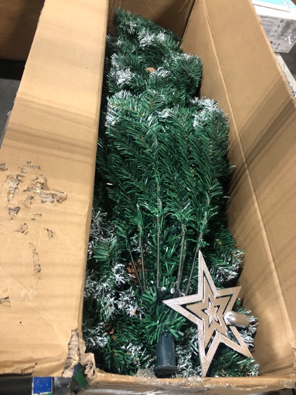 Photo 2 of 7.5ft Flocked Christmas Tree with Decorations (1400 PVC Branch Tips & 76 Pine Cones), Metal Hinges & Base, Green and White Pre-Decorated Xmas Tree 7.5 feet | Add Holiday Touch to Home Office