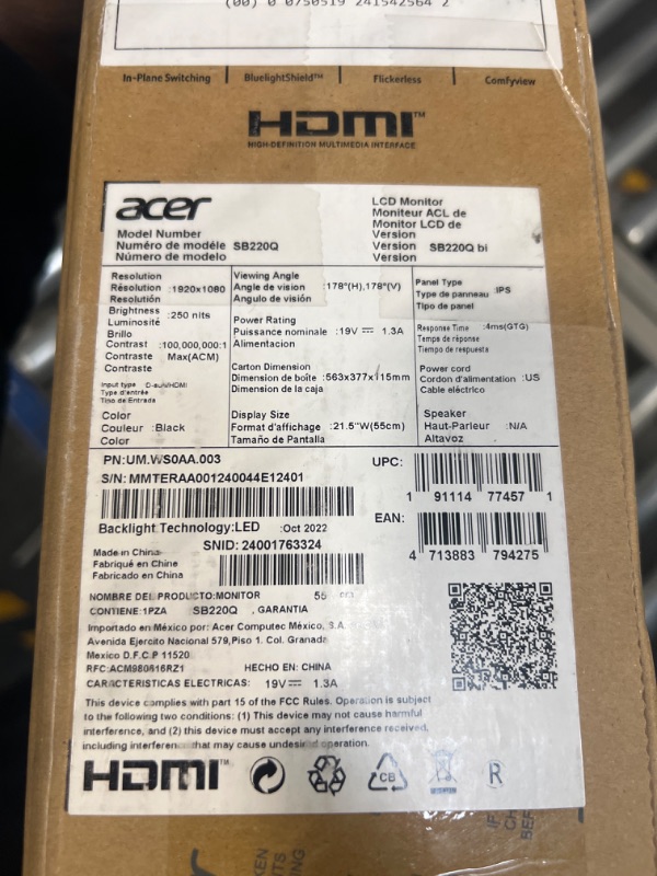 Photo 1 of Acer 21.5 Inch Full HD (1920 x 1080) IPS Ultra-Thin Zero Frame Computer Monitor (HDMI & VGA Port), SB220Q bi
