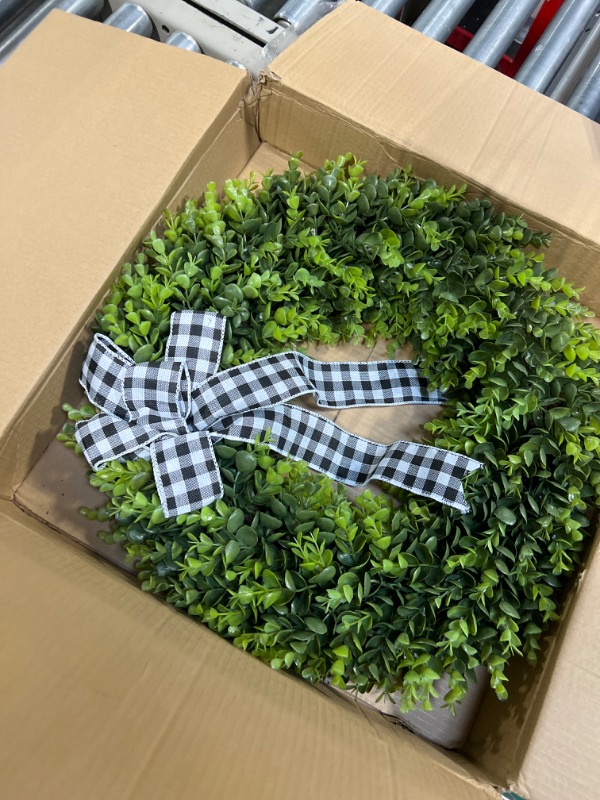 Photo 3 of 23" Faux Round Boxwood Wreath, Vlorart Artificial Boxwood Wreath Front Door Wreaths Artificial Spring Summer Greenery Hanging with A Plaid Bow for Front Door Wall Hanging Window Wedding Party Decor 23inch