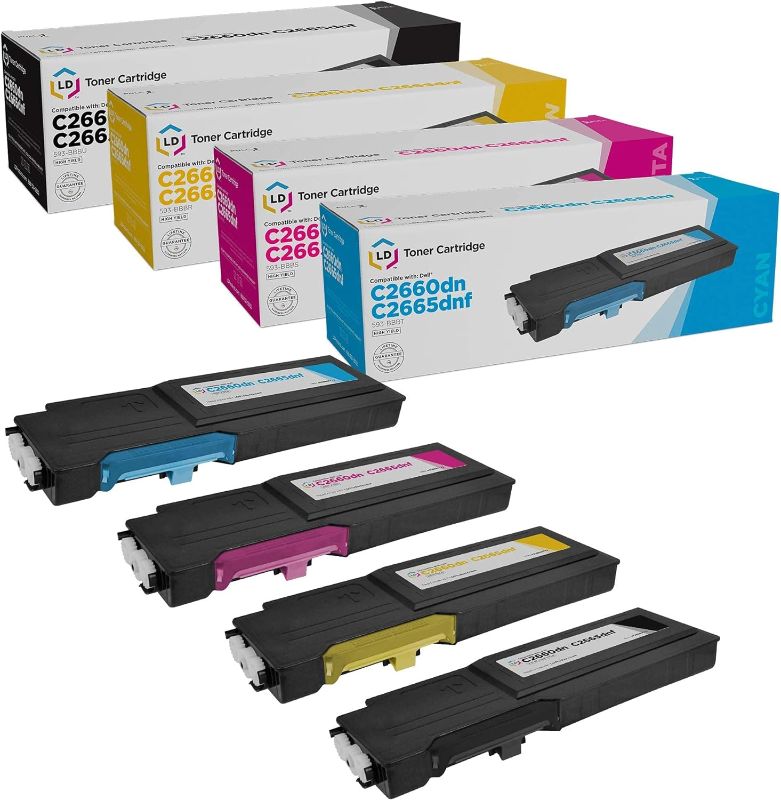 Photo 1 of LD Compatible Replacements for Dell Color Laser C2660dn & C2665dnf High Yield Toner Cartridges: 593-BBBU Black, 593-BBBT Cyan, 593-BBBS Magenta, 593-BBBR Yellow 4-Pack