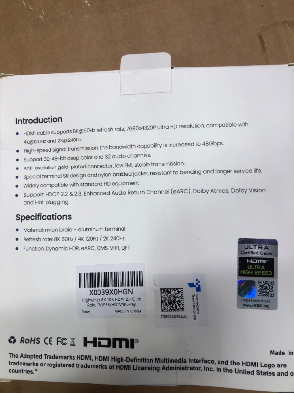 Photo 3 of Highwings 8K 10K HDMI Cable 48Gbps 6.6FT/2M, Certified Ultra High Speed HDMI® Cable Braided Cord-4K@120Hz 8K@60Hz, DTS:X, HDCP 2.2 & 2.3, HDR 10 Compatible with Roku TV/PS5/HDTV/Blu-ray