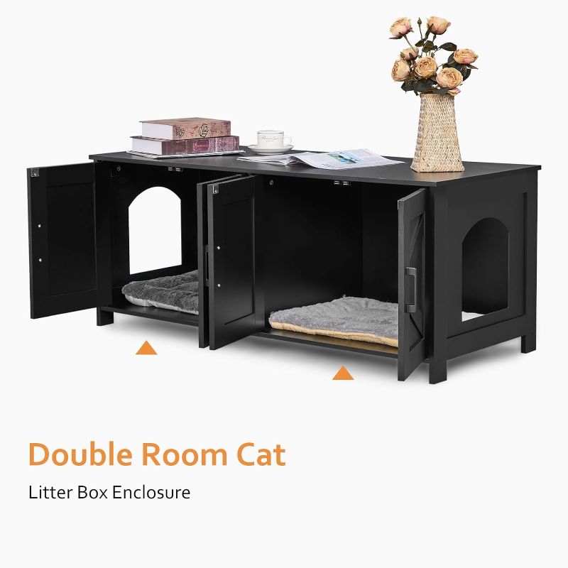 Photo 2 of Homhedy Cat Litter Box Enclosure for 2 Cats, Litter Box Furniture Hidden with Double Room,Wooden Cat Washroom Furniture,Cat House,47.2”L x 19.7”W x 19.7”H,Black