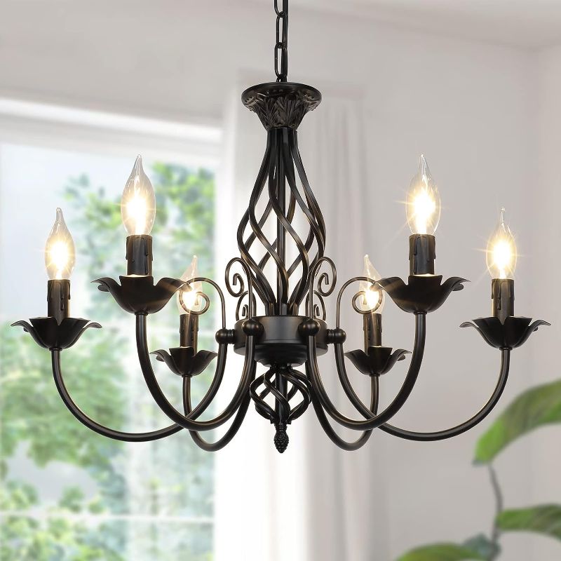 Photo 1 of 6-Light Farmhouse Candle Chandelier for Living Room, Rustic Industrial Pendant Ceiling Light fixture, Vintage Hanging Lamp for Bedroom Hallway Kitchen Dining Room Foyer, Matte Black E12 Socket