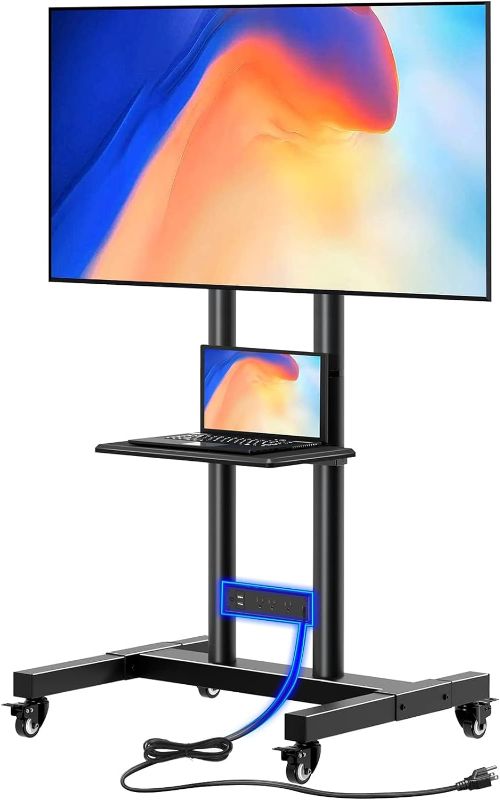 Photo 1 of Greenstell TV Stand with Power Outlet, Mobile TV Cart on Wheels for 32-85 inch LED LCD Flat Curved Panel Screen TVs up to 132lbs, Height Adjustable Rolling TV Stand with AV Shelf, Max VESA 600x400mm