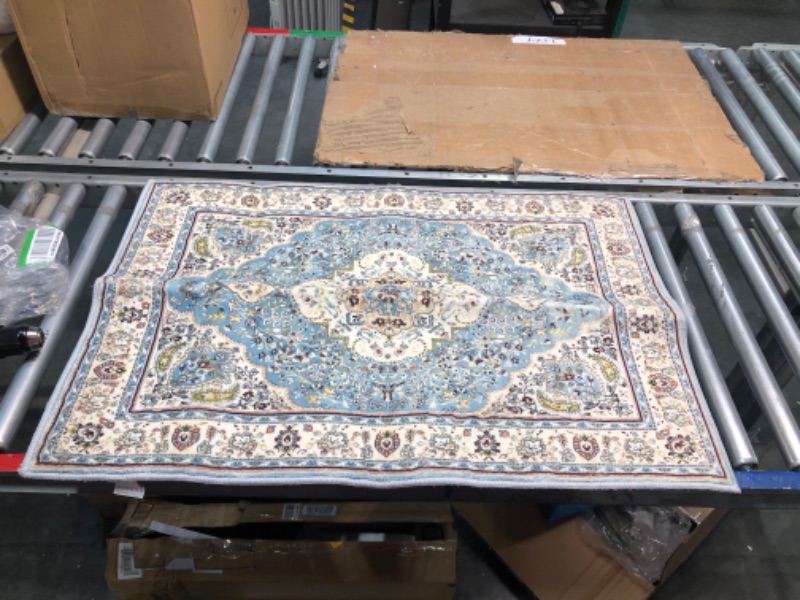 Photo 2 of **New Opened**Lahome Persian Floral Medallion Area Rug - 2x3 Distressed Small Entryway Rug Doormat Vintage Non-Slip Washable Low-Pile Carpet for Indoor Front Entrance Kitchen Laundry Bathroom, Sky/Baby Blue 2' x 3' Sky/Baby Blue
