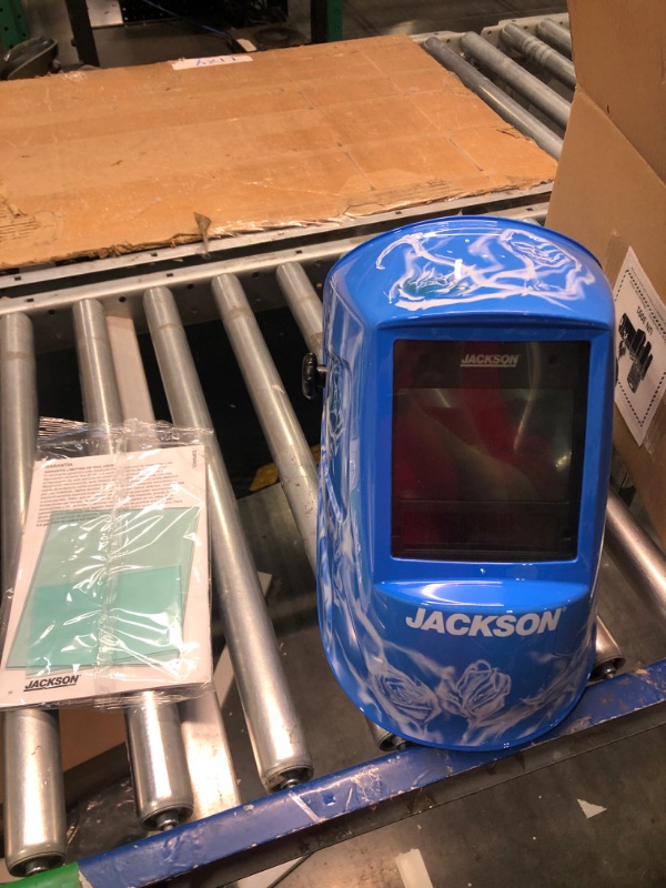 Photo 3 of **New Opened**Jackson Safety Premium Auto Darkening Welding Helmet 3/10 Shade Range, 1/1/1/1 Optical Clarity, 1/20,000 sec. Response Time, 370 Speed Dial Headgear, Reapers N' Roses Graphics, Blue/White, 47104 Reapers N' Roses Welding Helmet