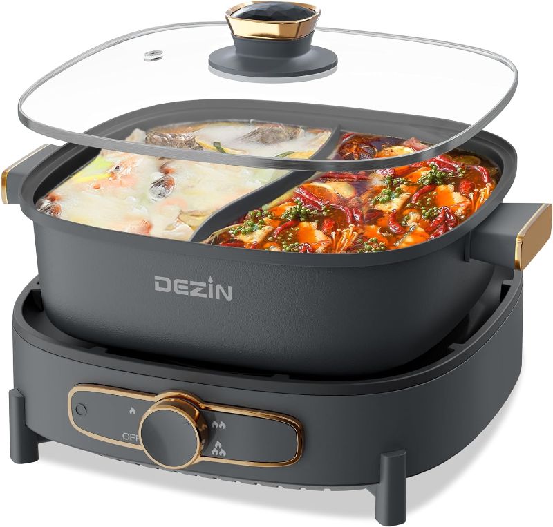 Photo 1 of **NEEDS CLEANED *****USED*** Dezin Electric Hot Pot with Divider, 5L Double-Flavor Shabu Shabu Hot Pot, Dual Sided Removable Non-Stick Electric Pot Depth Divided Hotpot Pot with Multi-Power Control, 2 Silicone Ladles Included