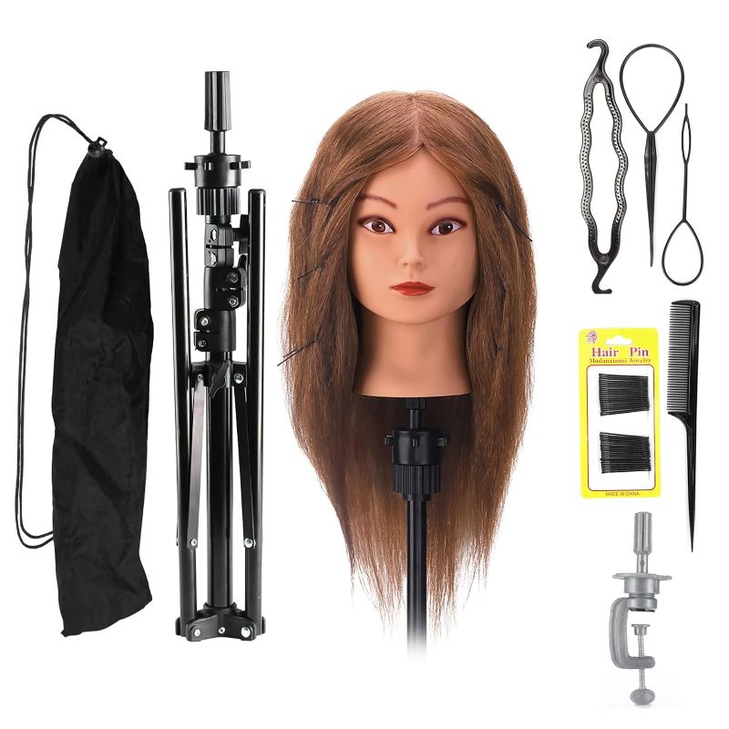 Photo 1 of 100% Mannequin Head Human Hair,18” Dark Brown Mannequin Head with Stand,Real Hair Braiding Cosmetology Manikin Head with Mannequin Head Stand,Doll Head for Hair Styling Training with Table Clamp