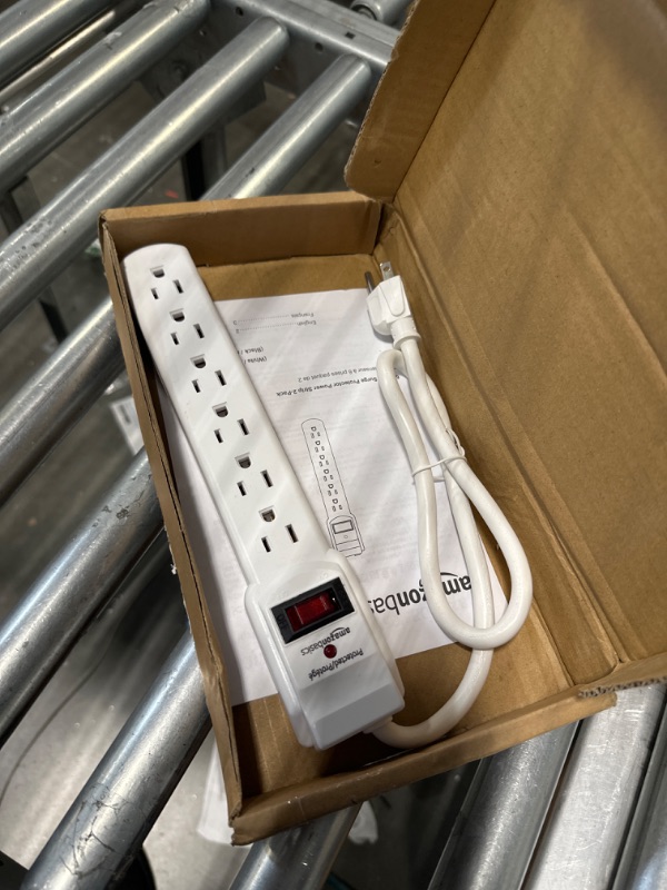 Photo 3 of Amazon Basics Rectangular 6-Outlet, 200 Joule Surge Protector Power Strip, 2 Foot, White - 