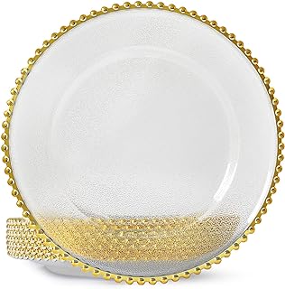 Photo 1 of 25 Pcs Clear Charger Plates 13 Inch Plastic Round Dinner Plate with Gold Beaded Rim Dinner Table Decorative Plate for Wedding Birthday Bridal Shower Party Dinner Table Decor Supplies