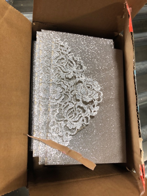 Photo 4 of DORIS HOME 50pcs Laser Cut Quinceanera Invitations Silver Glitter, 4.7x7.1 Blank Quince Invitations for 15th Birthday, Invitation cards for Sweet 16 with Envelopes 50PCS Glitter Silver Blank