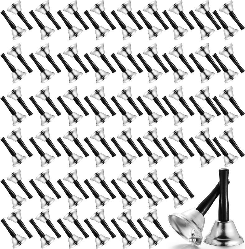 Photo 1 of 100 Pcs Metal Hand Bells Steel Ringing Bells Wedding Dinner Service Handbells with Wooden Handle Musical Percussion for Schools Metal Call Bell Handbells for The Sick Elderly Alert(Silver)
