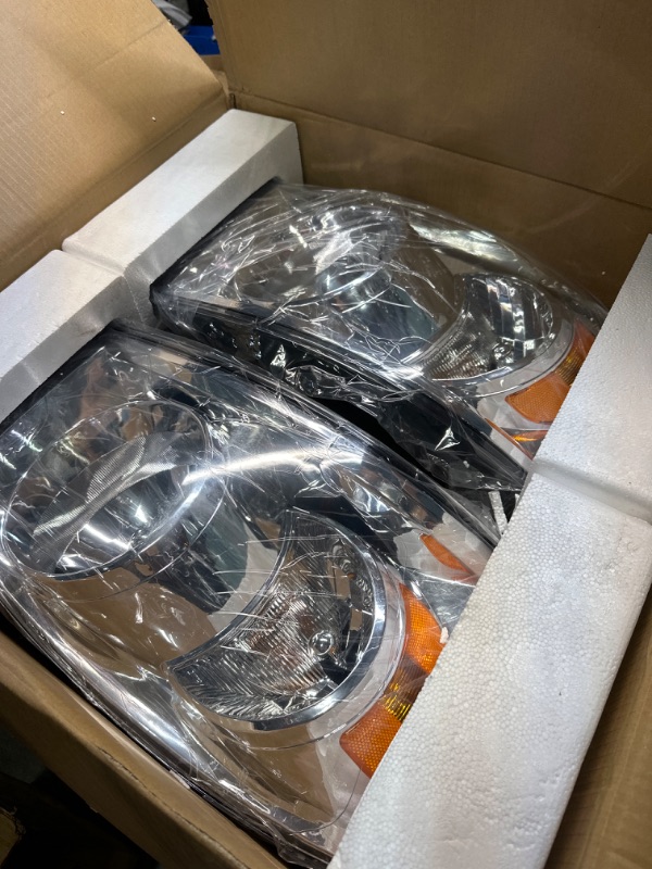 Photo 3 of ADCARLIGHTS 2006-2009 Dodge Ram Headlight Assembly for 2006-2008 Dodge Ram 1500/2006-2009 Dodge Ram 2500 3500 Clear Lens Chrome Housing with Amber Reflector Headlamp Replacement Left and Right OE Replacement A-Chrome Housing / Amber Reflector / Clear Lens