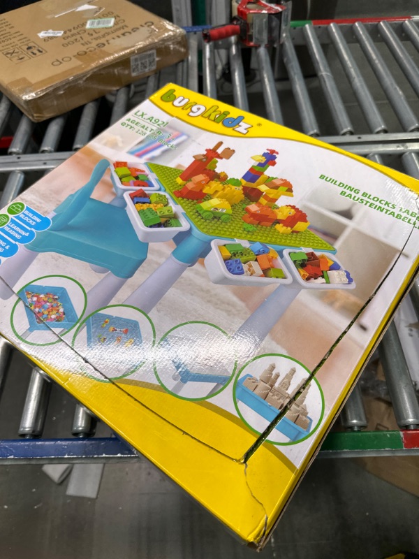 Photo 1 of burgkidz 5-in-1 Multi Activity Play Table Set with Storage Includes 1 Chair and 128 Pieces Compatible Large Bricks Building Blocks for Kids Ages 2 and Up, Blue
