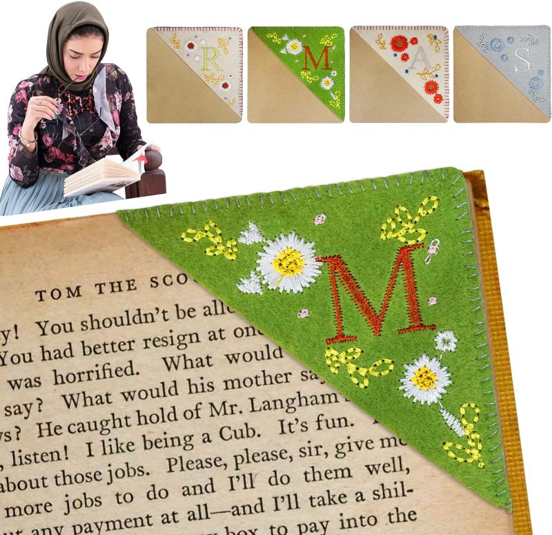 Photo 1 of 4 Packs Personalized Hand Embroidered Bookmark for Book Lovers, Unique Letters & Cute Flower Embroidery Corner Bookmark Book Marker Clip Meaningful Gift for Reader Friend Student
