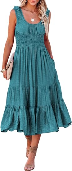 Photo 1 of AlvaQ Women Summer Puff Sleeve Smocked Dress Casual High Waist Ruffle Tiered A Line Midi Flowy Sundress with Pockets