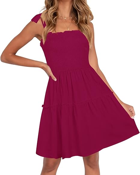 Photo 1 of ZESICA Women's Summer Spaghetti Strap Sleeveless Square Neck Ruffle A Line Swing Mini Dress