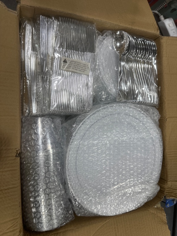 Photo 2 of 600 Piece Silver Dinnerware Set 100 Guests, Disposable Silver Rim Plates, 100 Dinner Plastic Plates, 100 Salad Silver Plates, 100 Silver Plastic Silverware, 100 Plastic Cups Wedding Birthday Parties