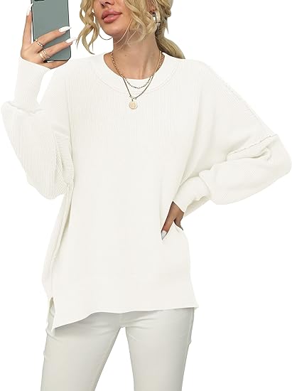 Photo 1 of ANRABESS Women Crewneck Batwing Sleeve 2023 Fall Oversized Side Slit Ribbed Knit Pullover Sweater Top SMALL 
