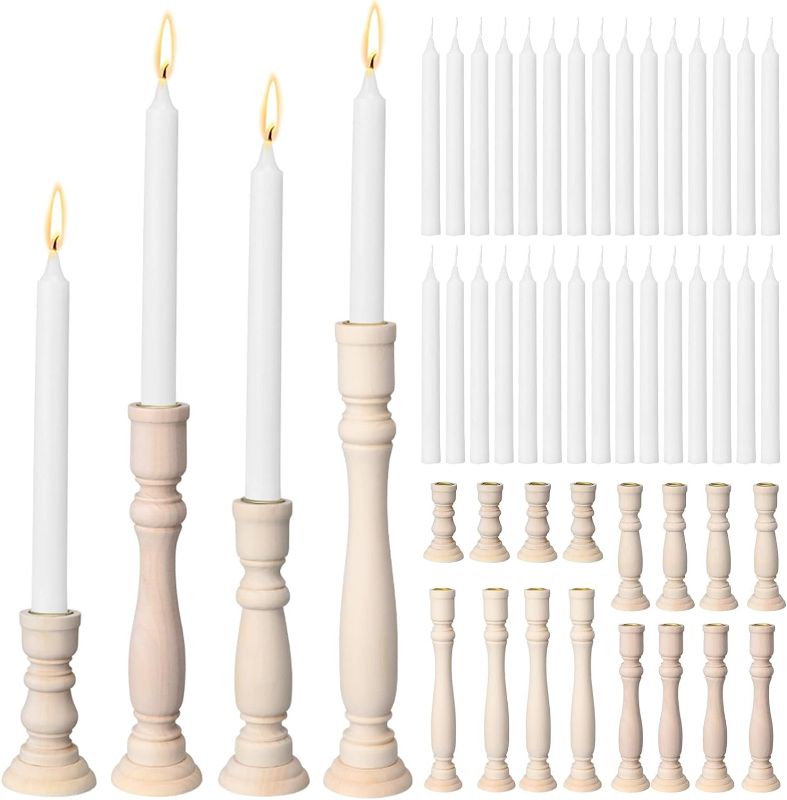 Photo 1 of 16 Pcs Unfinished Wooden Candle Holders Rustic Taper Wooden Candlesticks 11'' 9'' 7'' 4'' Four Sizes, 30 Taper Candles White...
