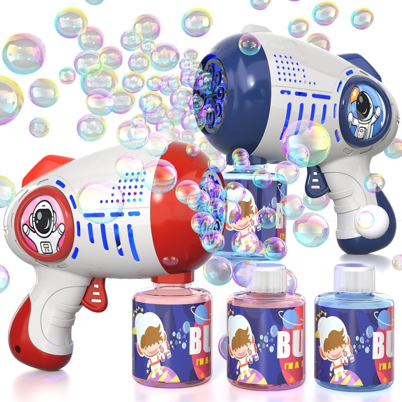 Photo 1 of Bennol 2 Bubble Gun Machine for Kids Toddler, 8 Hole Bubble Maker with 5000+ Bubbles 360°No Leak Automatic Bubble Blower with Led Light 2 Bubble Solution for Birthday Party, Summer Toy for Kid 4-8