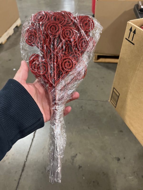 Photo 1 of 32 Pcs Red Glitter Christmas Picks Christmas Tree Filler Branches, Candy Christmas Tree Sticks for Xmas Floral Picks Sprays Crafts Party Festive Home Tree Decorations