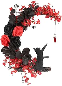 Photo 1 of  Wreaths Moon Cat Wreath with Rose, Black Halloween Wreath Garland for Front Door Window Wall Decor Wreath Indoor Outdoor Gothic Wreath Decorations (Red) 