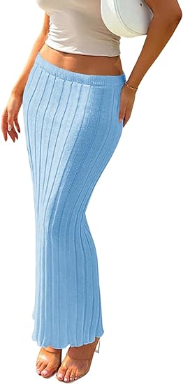 Photo 1 of Fisoew Women's Rib Knit Maxi Skirt Casual Bodycon Stretchy Low Waist Hips-Wrapped Skirts Light Blue Medium
