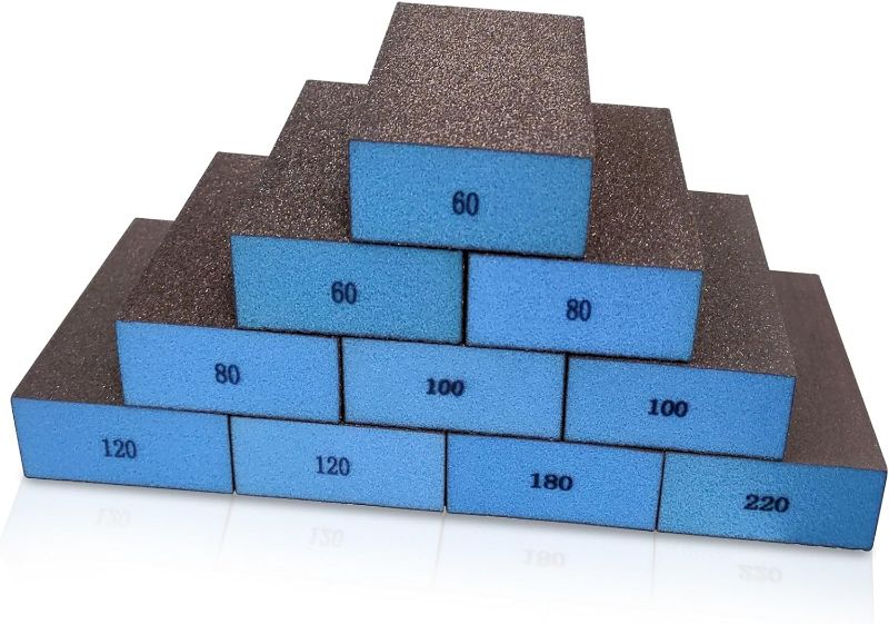 Photo 1 of 10 Pack Sanding Block, Washable and Reusable Sanding Sponge for Wood Drywall Metal Glasses Superfine/Fine/Medium/Coarse in 60/80/100/120/180/220 Grit Sandpaper Block Sand Paper Brick
