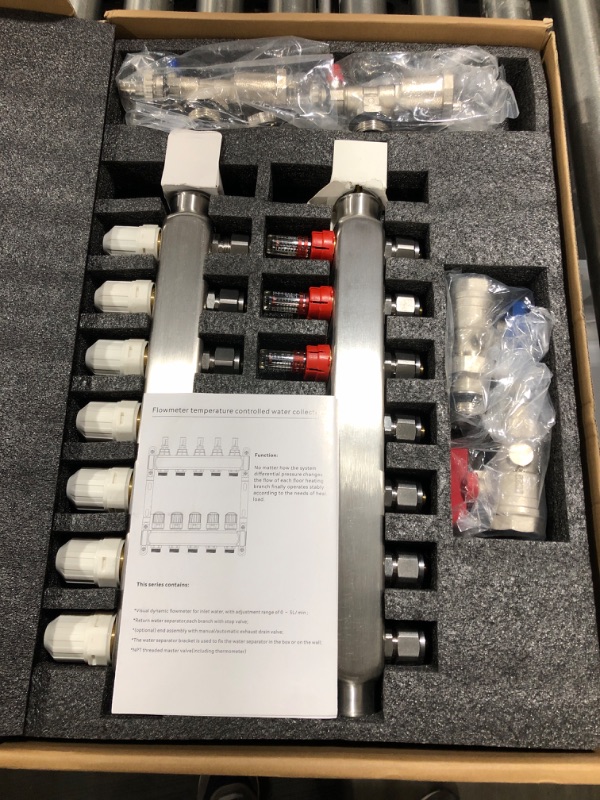 Photo 2 of 7-Branch Radiant Heat Manifold,Stainless Steel PEX Manifold with Compatible Outlets for Hydronic Radiant Floor Heating (1/2" Adapters included)