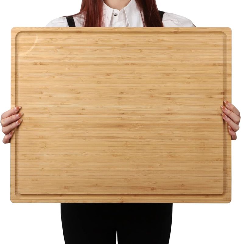Photo 1 of Extra Large 100% Organic Bamboo Cutting Board, 24x18 Inch Butcher Block Chopping/Carving Board with Handle and Juice Groove for Turkey, Meat, Vegetables, BBQ (XXL, 24" x 18"?
