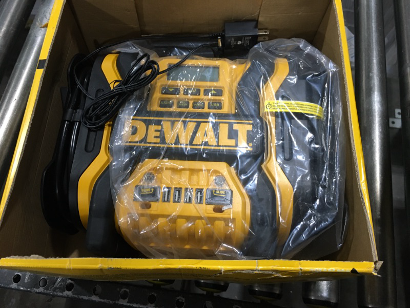 Photo 2 of DEWALT DXAEPS14 1600 Peak Battery Amp 12V Automotive Jump Starter/Power Station with 500 Watt AC Power Inverter, 120 PSI Digital Compressor, and USB Power , Yellow
DOES NOT COME WITH CHARGER.