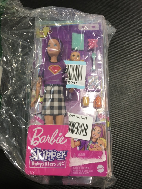 Photo 2 of Barbie Skipper Babysitters Inc Doll & Accessories Set with Skipper Doll in Checked Skirt, Baby Doll & 4 Themed Pieces Brunette Multicolor